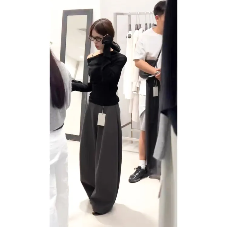 一整套ootd穿搭！质感绝绝子！早秋韩系一字领长袖上衣镰刀裤两件套