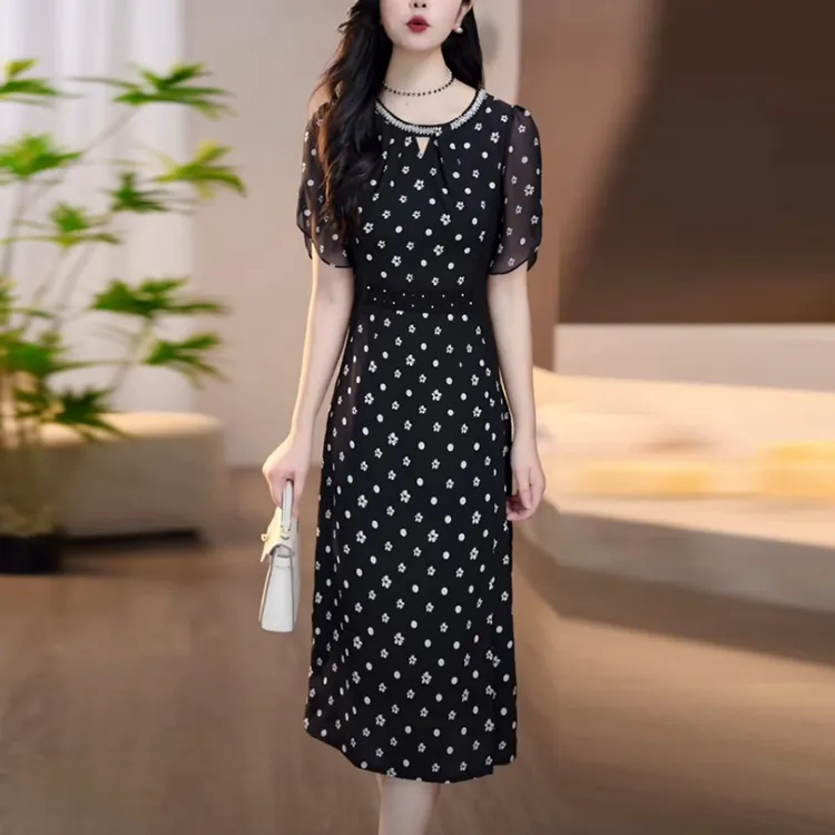 轻羽丝高贵气质法式轻奢女装2025夏季新款印花短袖高级感连衣裙子