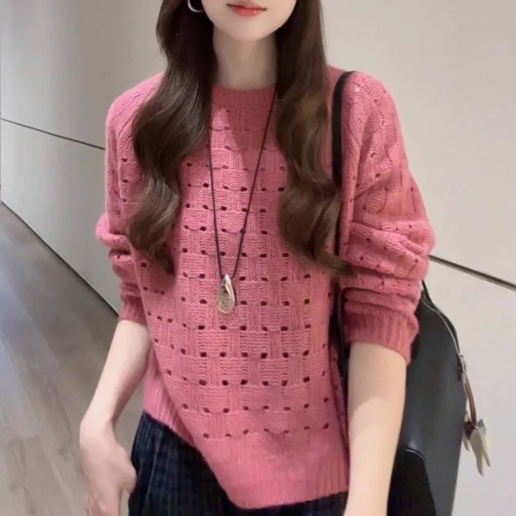 韩版时尚减龄镂空圆领针织衫女早秋季穿搭温柔风气质毛衣圆领上衣