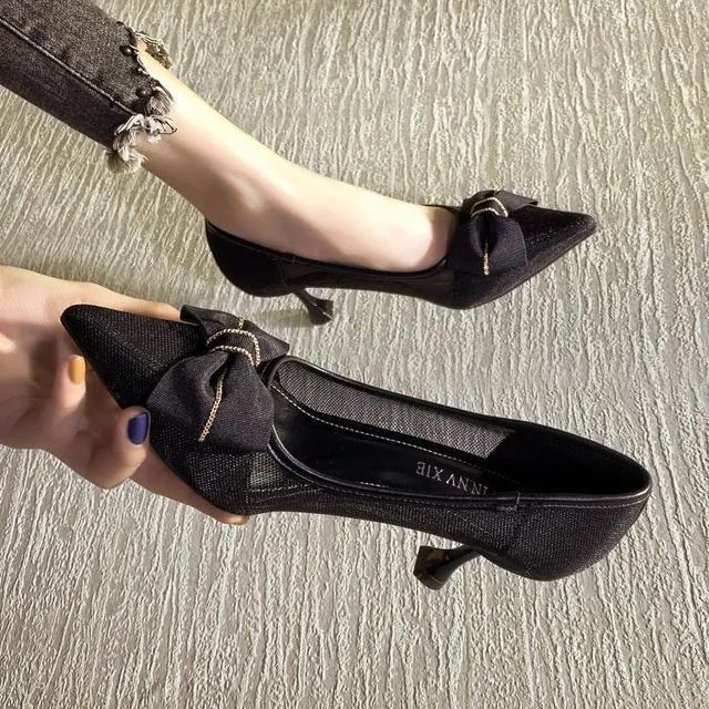 网纱透气高跟鞋女2022年夏季新款网红百搭蝴蝶结尖头细跟单鞋女