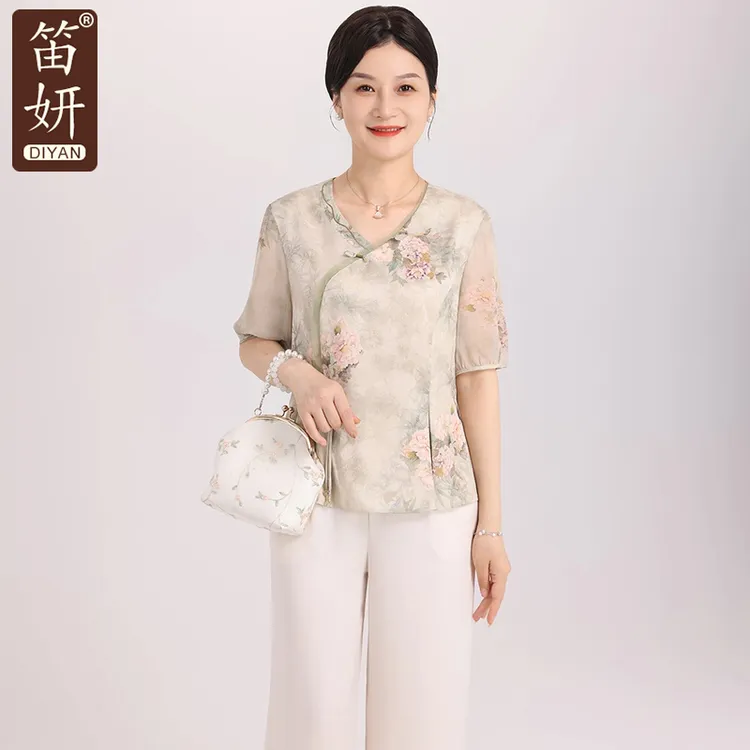 妈妈装夏装国风印花复古小衫斜襟气质洋气新款夏季中式宽松两件套