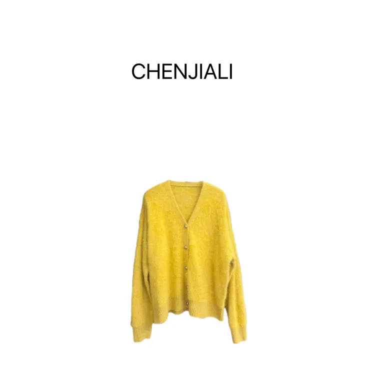 CHENJIALI 绒绒开衫 绵羊毛拉绒V领毛衣单排韩版宽松软糯外套上衣
