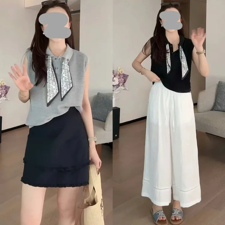 2025夏季休闲九分裤气质翻领针织背心无袖马甲上衣显瘦半身裙套装