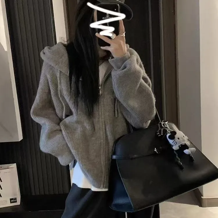 2025新款韩系连帽拉链毛衣女装早秋季慵懒高级感针织开衫上衣外套