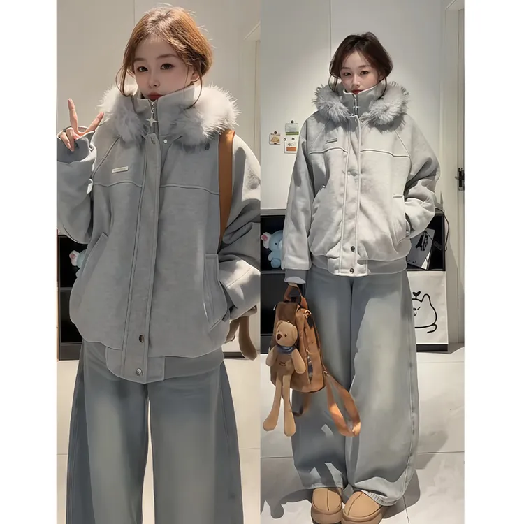 大毛领棉服女2025冬季新款情侣宽松加厚棉衣毛呢夹棉学生棉袄外套