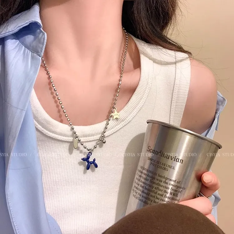 钛钢项链 夏日甜酷气球小狗吊坠项链女款高级感气质不掉色锁骨链 