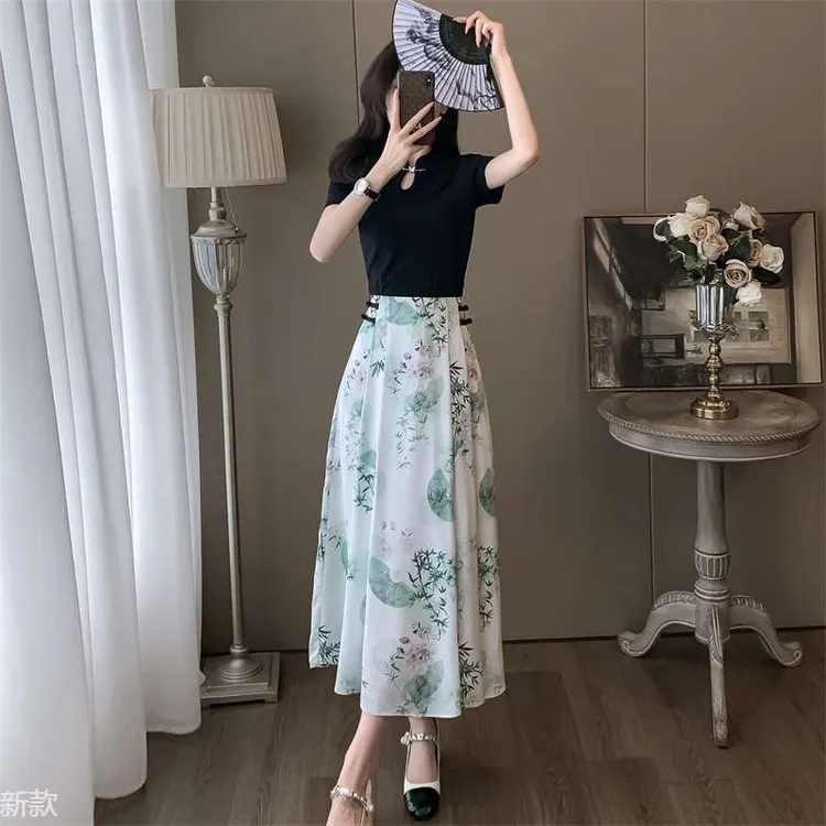 国风休闲套装裙女2025夏季新款修身显瘦黑色短袖印花半身裙两件套