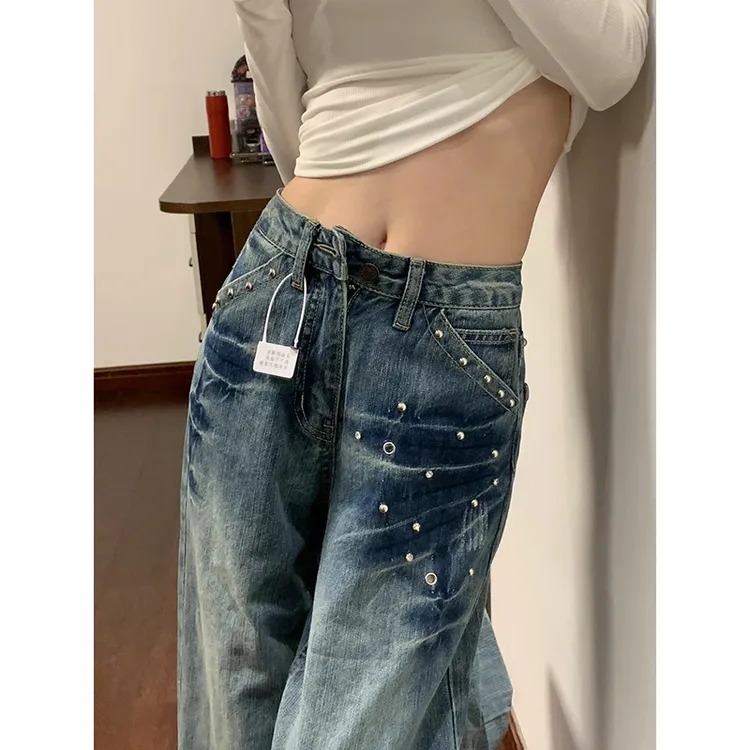 加绒铆钉肌理感阔腿牛仔裤女2025秋冬竹节纹设计感宽松显瘦拖地裤