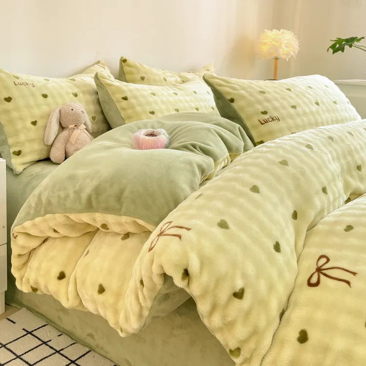 A类泡泡绒牛奶绒四件套冬季加厚加绒被套学生宿舍单人床上三件套