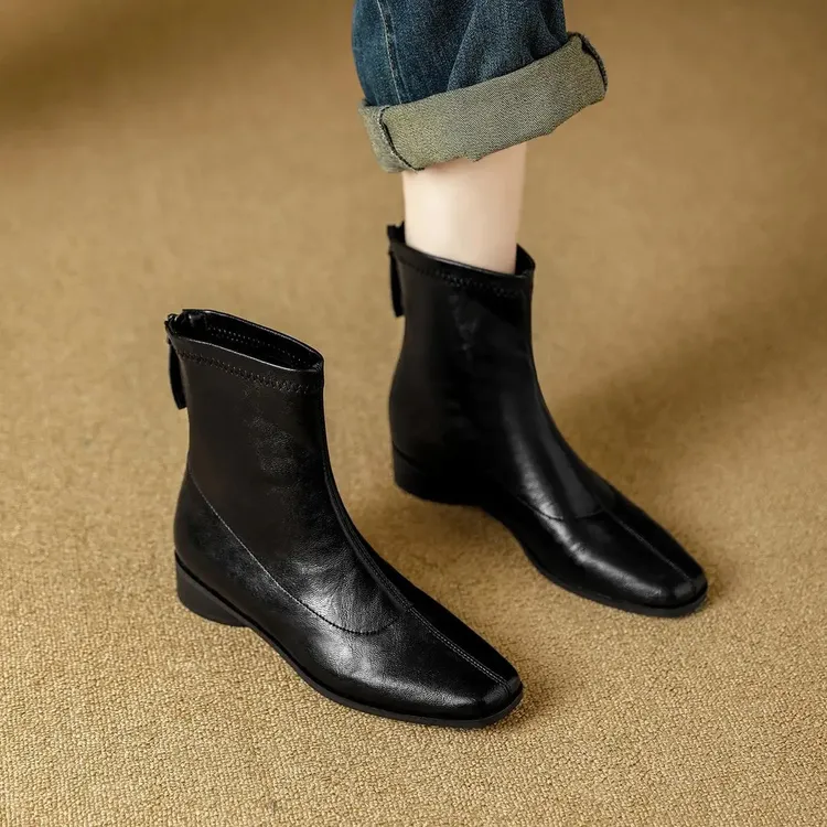 粗跟软皮方头短靴增高6CM/8CM/10CM复古秋冬季后拉链马丁靴女粗跟