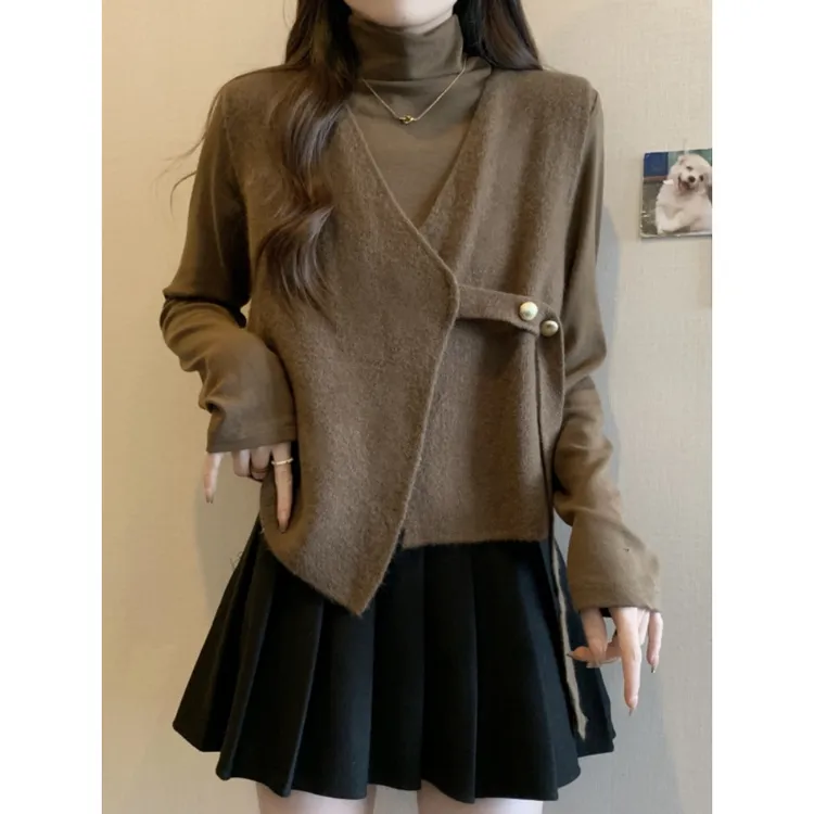 拉夏贝尔套装女春秋大码胖妹妹显瘦半高领打底衫上衣马甲两件套
