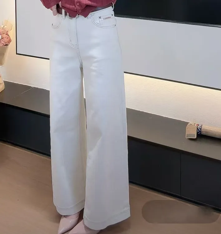 【陈陈私服】时尚杏色设计感垂感直筒裤浅色牛仔裤25090309