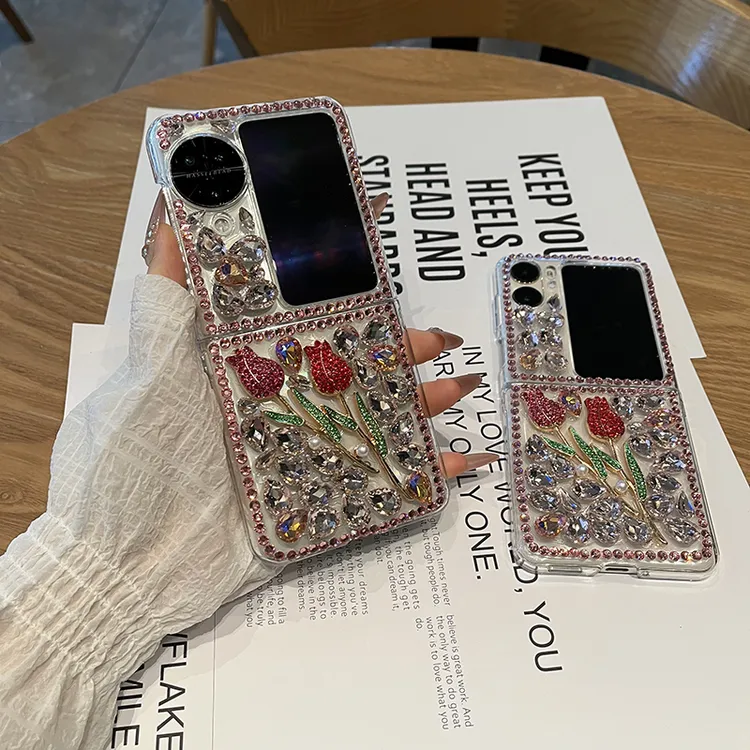 适用于OPPOFindN3Flip手机壳红玫瑰满钻手机壳n2flip轻奢手提女款