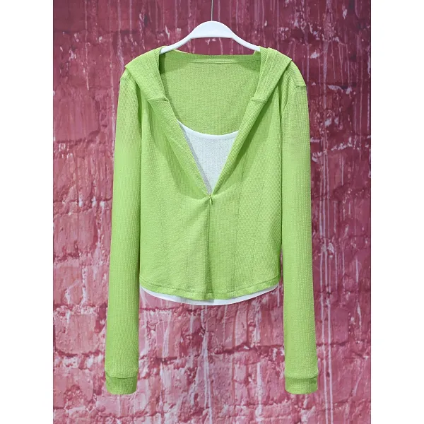 【韩哥女装】夏季冰凉感浅草绿连帽长袖网衫修身爽肤衣8161