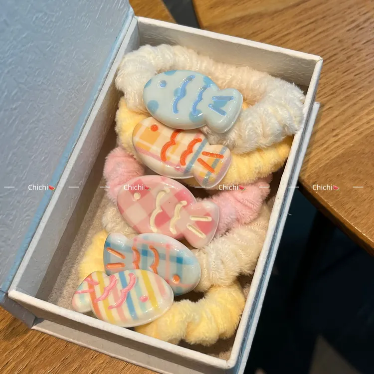 ins新款少女奶油色可爱小鱼发绳马卡龙风小鱼发绳通百搭少女头饰