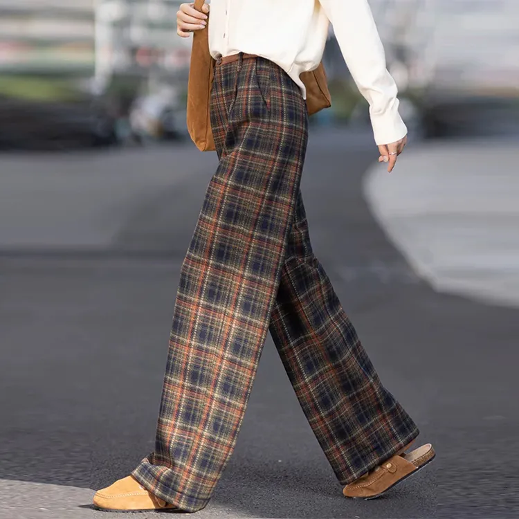 秋冬加绒裤子女毛呢休闲裤2025新款加厚格子裤百搭阔腿裤直筒长裤