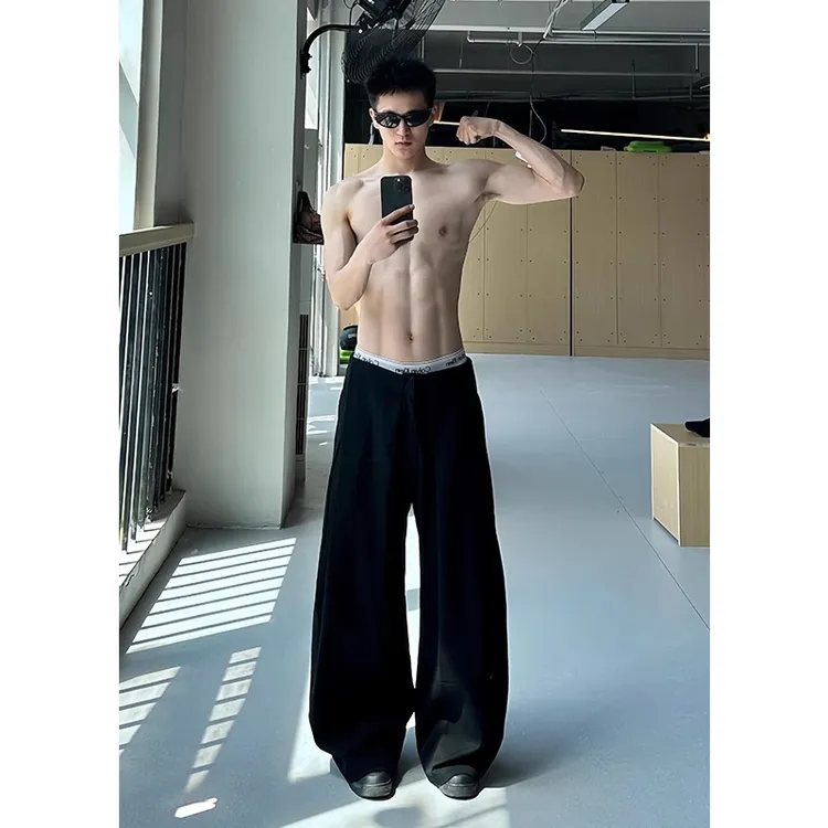 黑色cleanfit冰丝裤子男夏季美式高街阔腿裤高级百搭褶皱薄款西裤