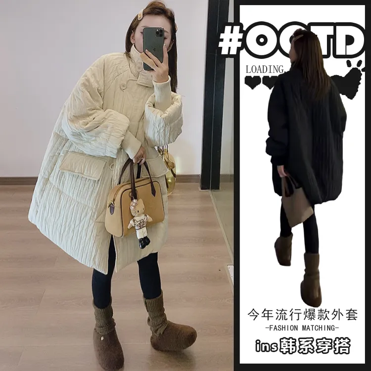 今年流行漂亮秋冬款韩版棉服女赫本风褶皱休闲中长款时尚减龄外套