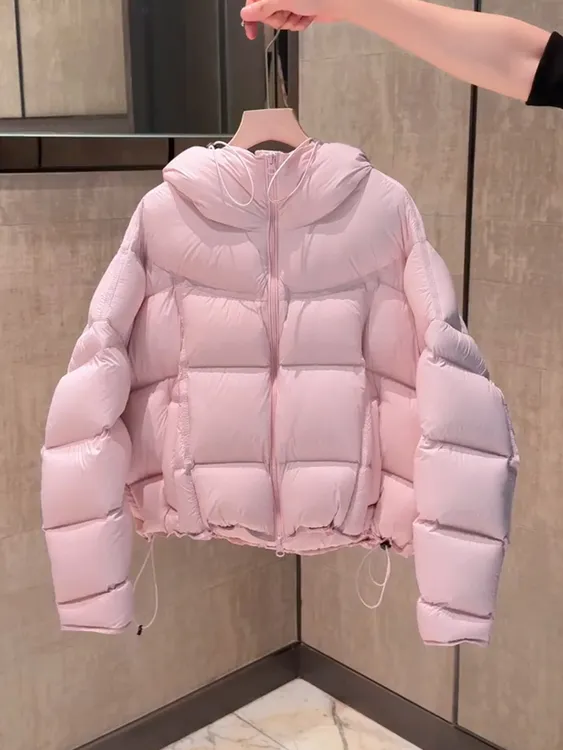 粉色连帽云朵泡芙面包服女2025冬季新款小个子短款设计感保暖外套