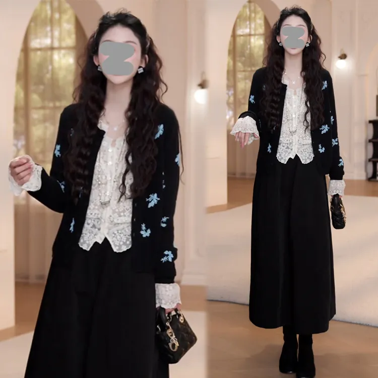 法式温柔风套装女2025春秋新款雪花针织开衫蕾丝衬衫半身裙三件套
