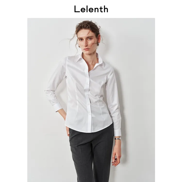 Lelenth【纯棉】翻领白衬衫女修身显瘦DP免烫高支轻奢长袖通勤衬衣