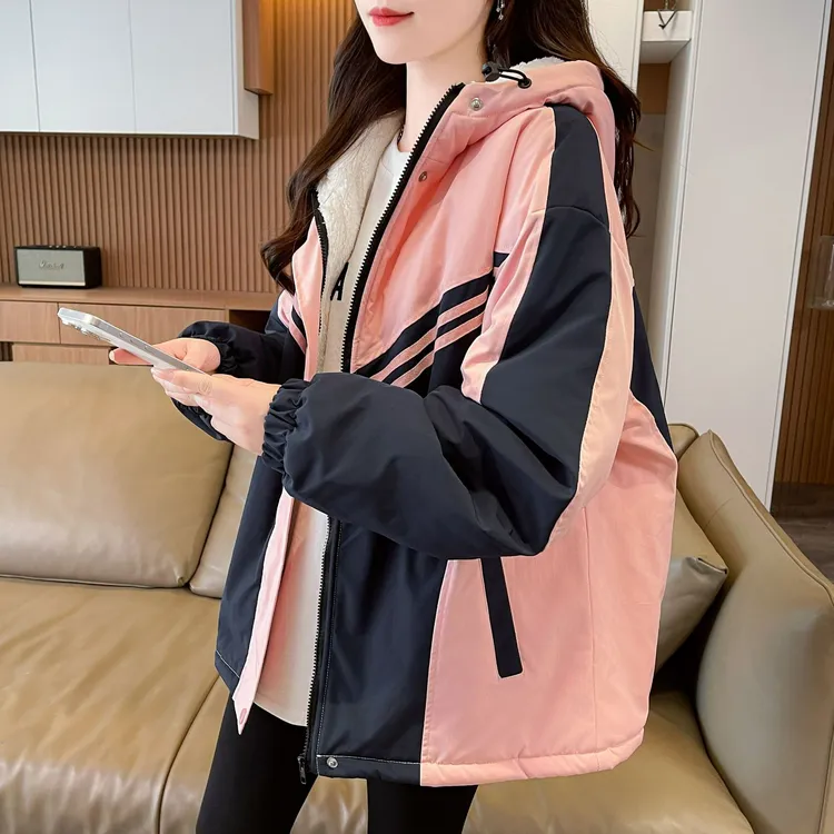 撞色条纹连帽加绒加厚外套少女2025新款初中高中学生韩版宽松休闲