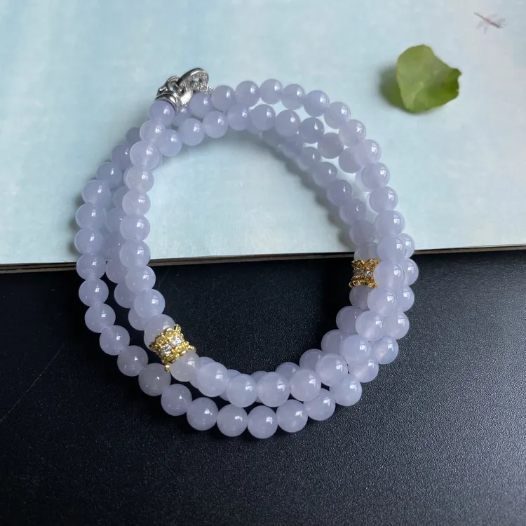 紫罗兰翡翠珠链，紫珠子，天然缅甸翡翠A货