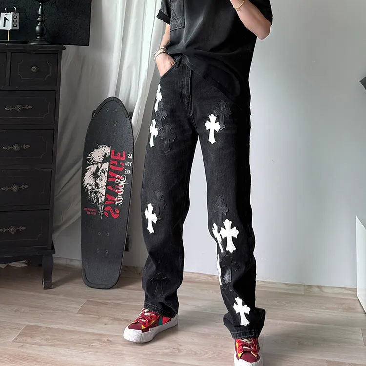 秋冬重磅男士合体直筒牛仔裤宽松大码贴皮美潮直筒裤水洗长裤休闲