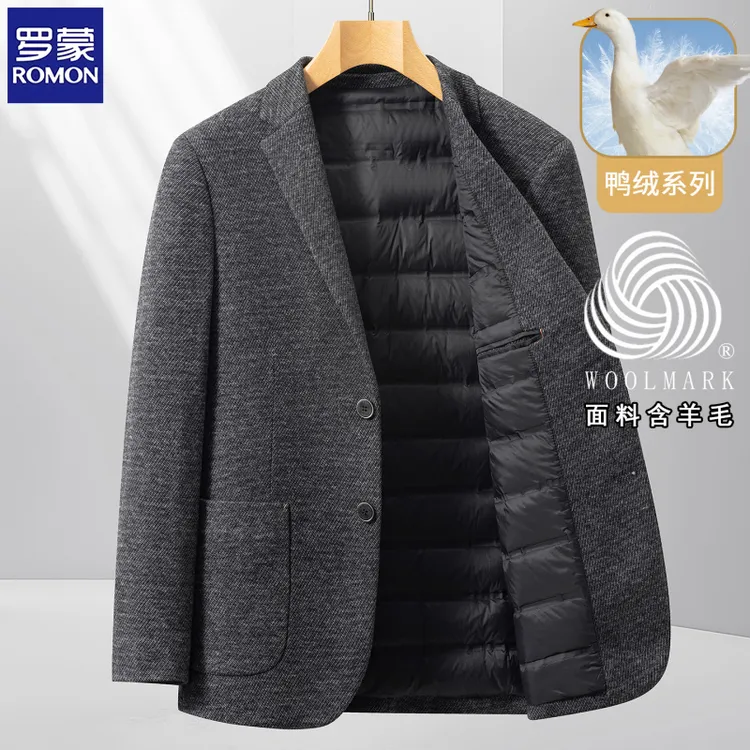 罗蒙男士羊毛西装外套2025时髦新款爸爸款韩版休闲商务羽绒小西服