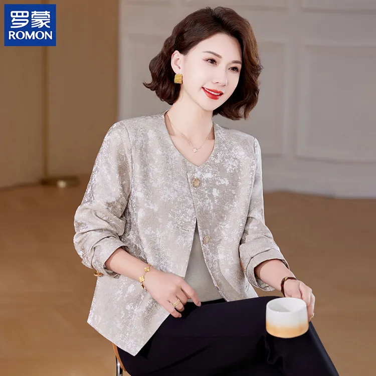 罗蒙高档妈妈秋装印花短款夹克阔太太新款上衣中老年女装减龄外套