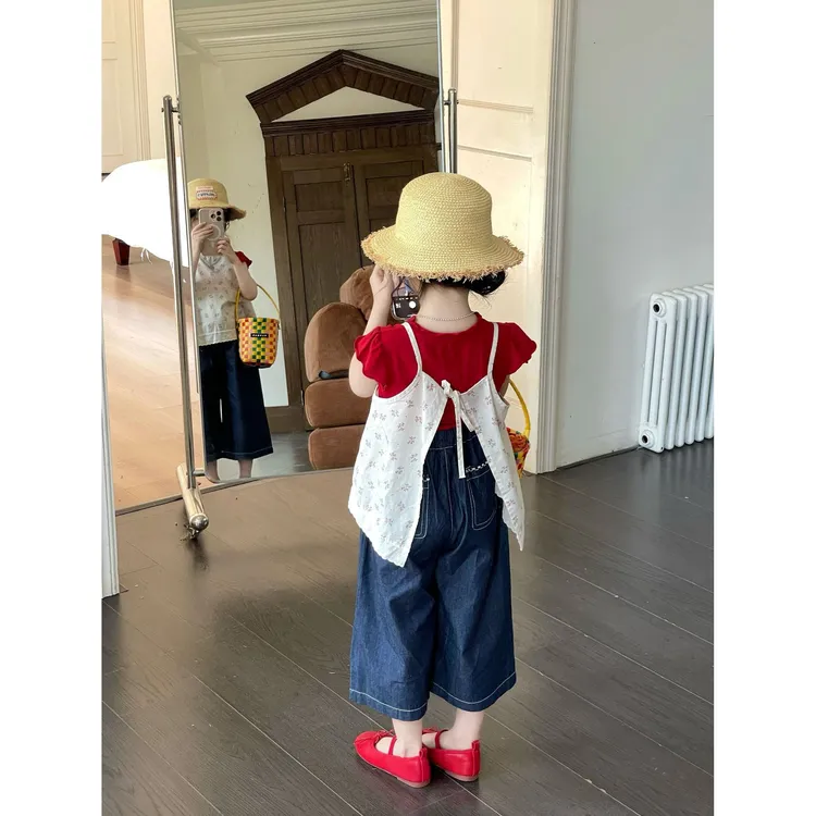 女童夏装新款田园风碎花蕾丝吊带罩衫恤女孩阔腿牛仔裤套装洋气