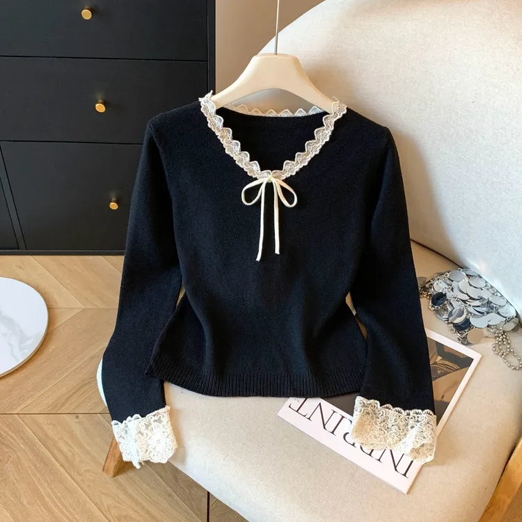 法式甜美蕾丝拼接蝴蝶结针织衫女2025秋冬v领显瘦内搭打底衫上衣