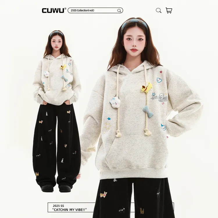 cuwu可爱刺绣小狗玩偶连帽卫衣女男秋季美式慵懒chic宽松套头帽衫