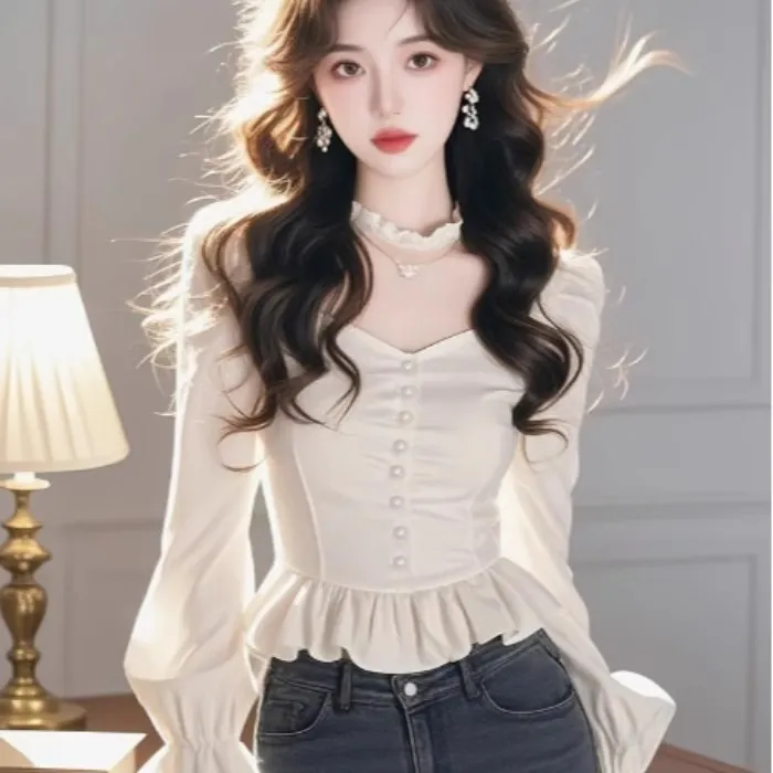 白色高级感荷叶边长袖衬衫女春秋季设计感小众超好看修身显瘦上衣