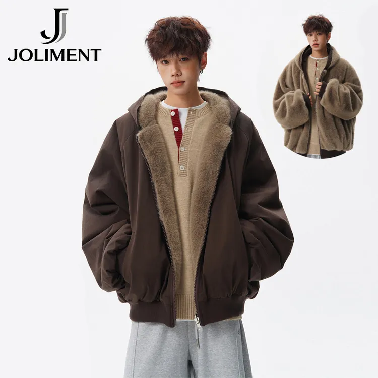 JOLIMENT潮牌两面穿仿兔毛棉衣男冬美式保暖连帽棉服百搭情侣外套