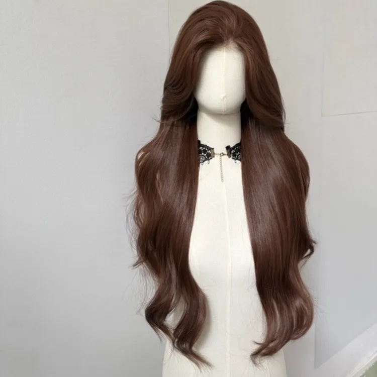 飞机专属蔷薇巧克力色丝微卷蕾丝72厘米假发自然舒适全头套