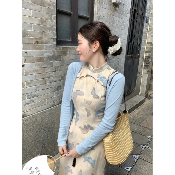 【知与性】秋季【鸢语】新中式蝴蝶结印花鱼尾裙穿搭改良旗袍连衣裙子