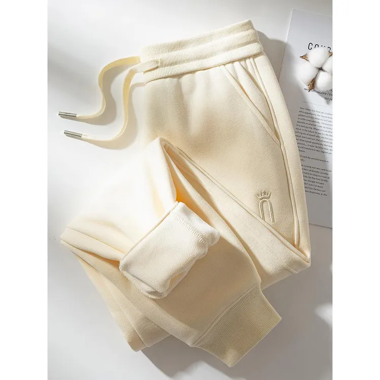 杏色加绒卫裤女2025秋冬新款高腰大码休闲运动裤女冬季厚款女裤子