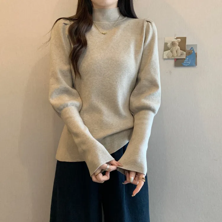 大码遮肚子灯笼袖半高领毛衣女秋冬季胖mm显瘦内搭洋气针织打底衫