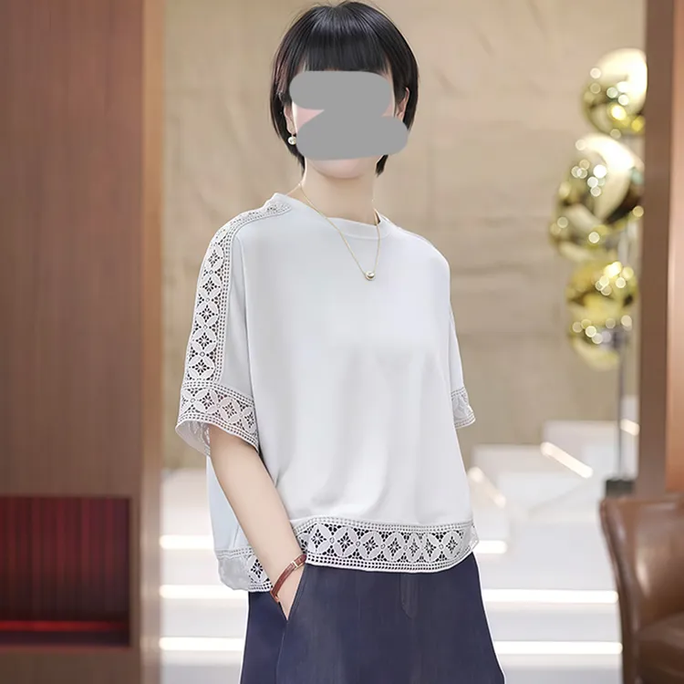 法式纯色镂空设计感圆领短袖衬衫女2025年夏季新款宽松遮肉上衣潮