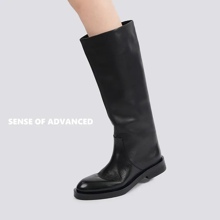 大筒围筒靴2025秋冬新款英伦风小牛皮粗跟长筒靴