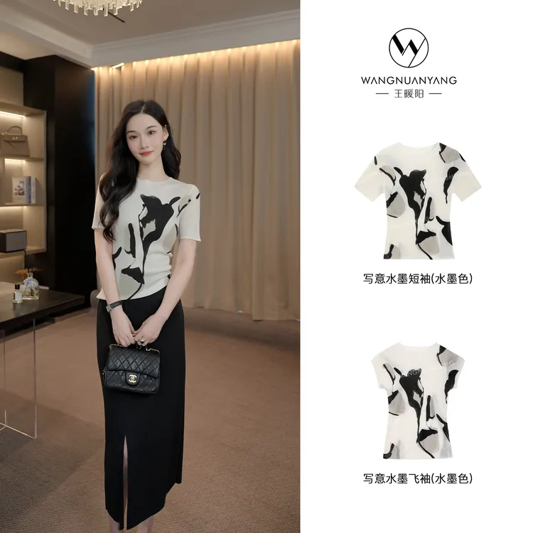 【王暖阳 】写意水墨|夏季设计感艺术水墨花卉薄款针织衫Q