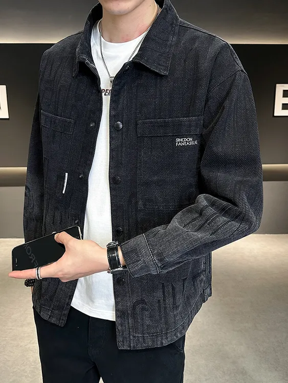 男装2025新款翻领夹克男潮流水洗渐变色牛仔衬衣外套宽松春秋上衣