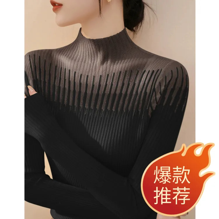 2025年新款半高领修身长袖羊毛打底秋季蕾丝网纱设计内搭毛衣