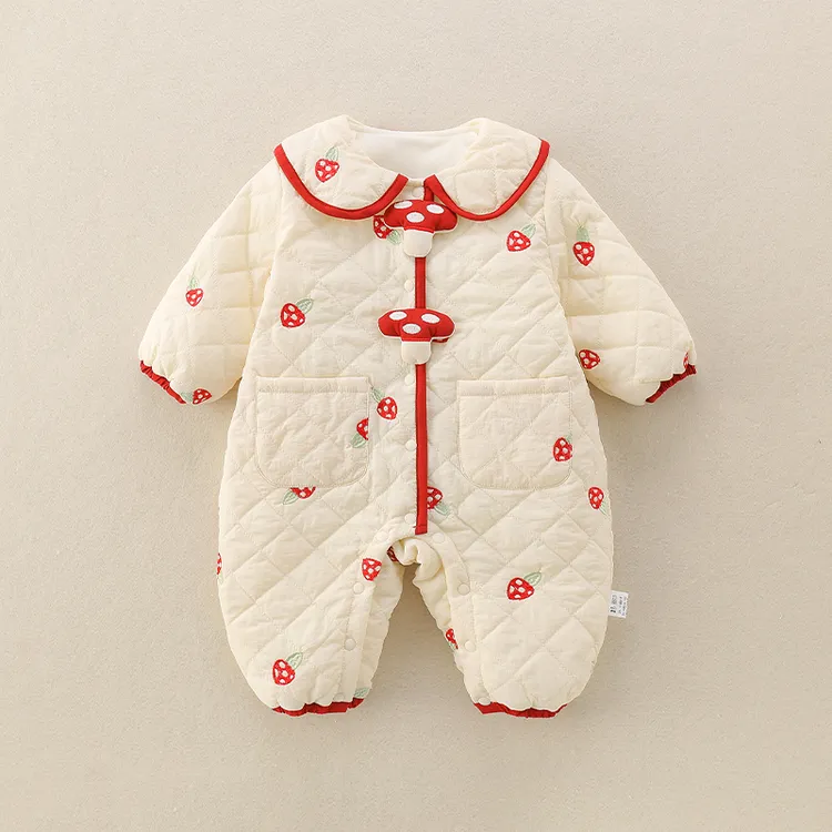 婴儿秋冬款薄棉棉衣保暖蘑菇连体衣宝宝加绒保暖棉服开襟卡通爬服