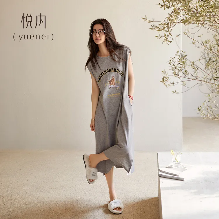 悦内带胸垫睡裙女款睡衣夏季无袖背心纯棉薄款宽松大码长裙可外穿