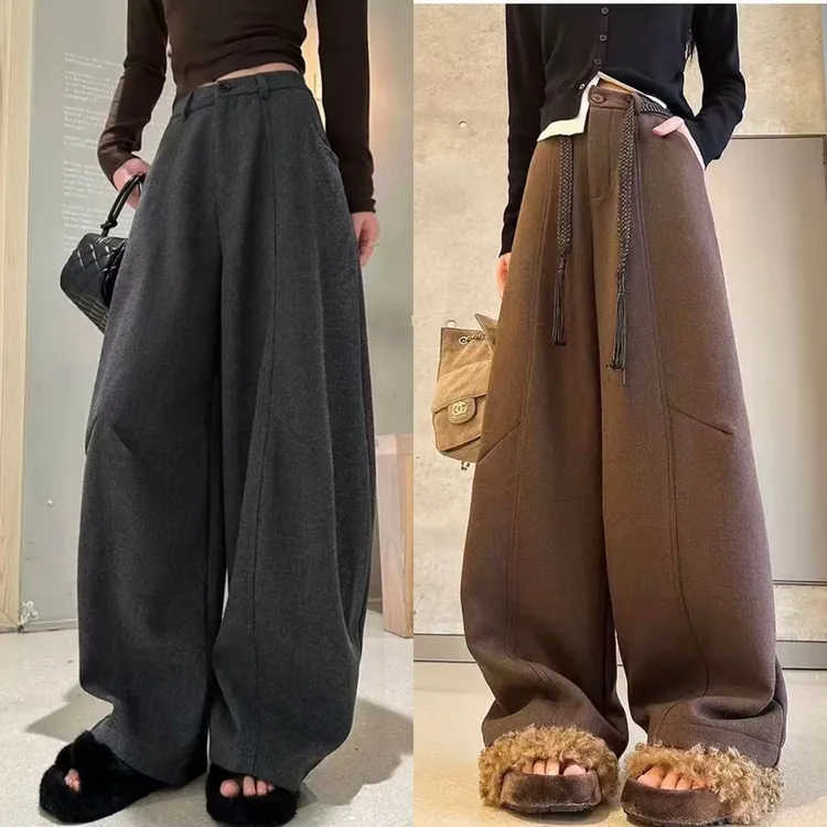 【羊毛蚕丝+运费险】2025冬季加绒新款阔腿女裤厚款保暖显瘦弯刀裤
