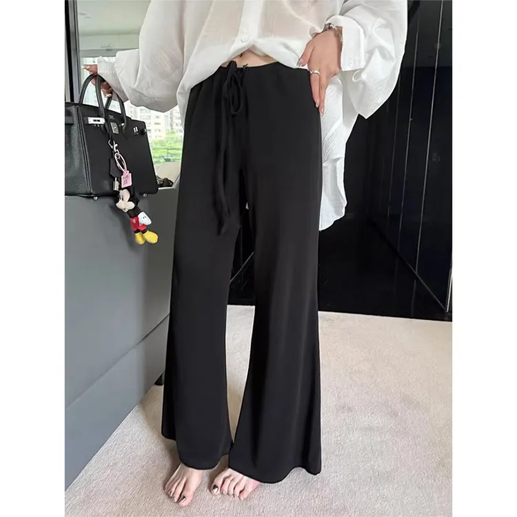 慵懒感黑色微喇裤女2025春夏秋新款高腰显瘦时尚垂感针织拖地长裤