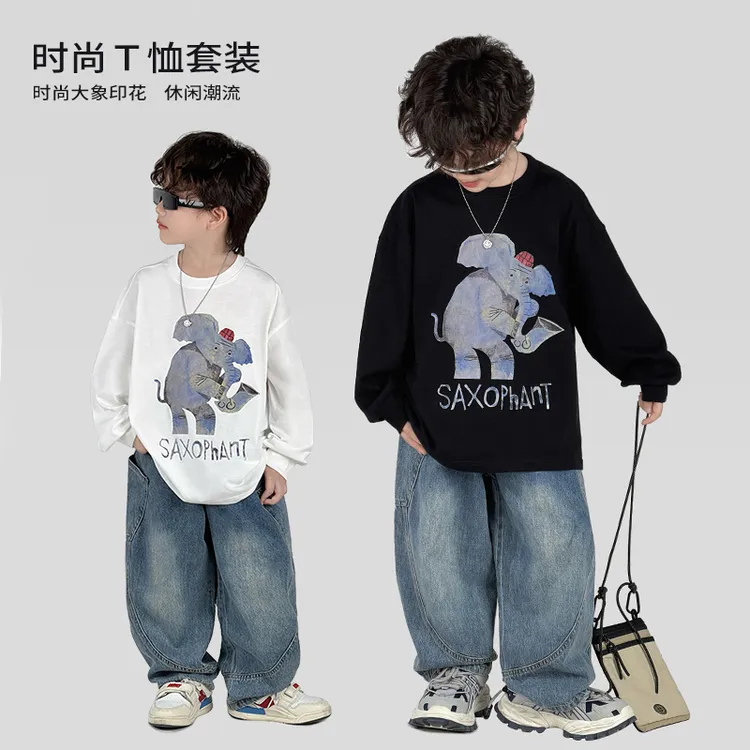 中班仔童装男童套装时尚印花长袖T恤牛仔裤休闲两件套*ZH2569