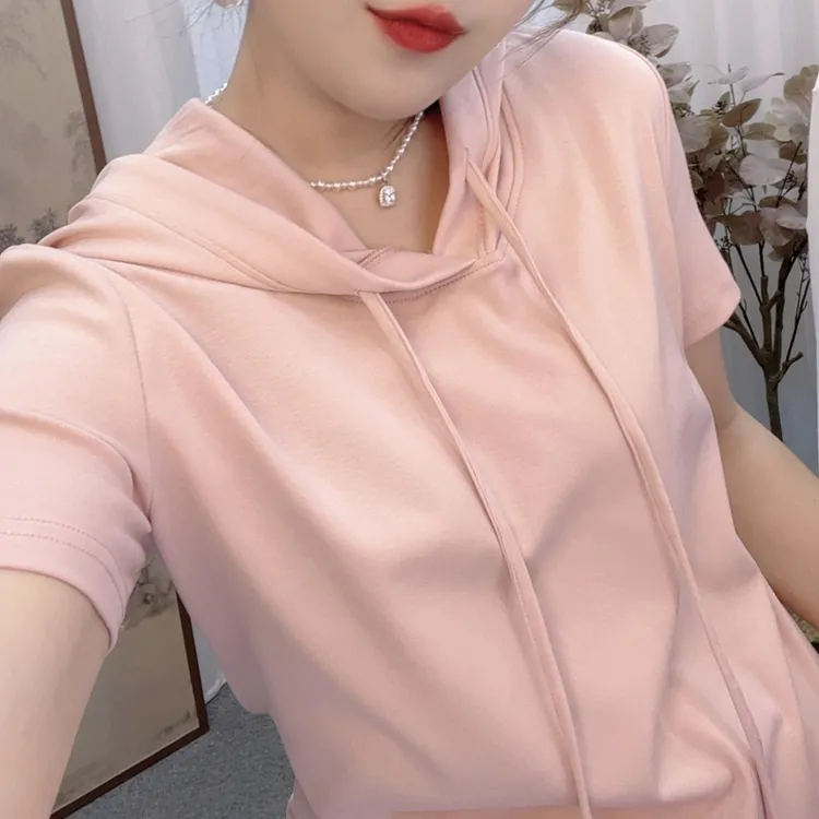 夏季2025薄款短袖T恤连帽衫新款韩版休闲显瘦百搭上衣宽松纯色女